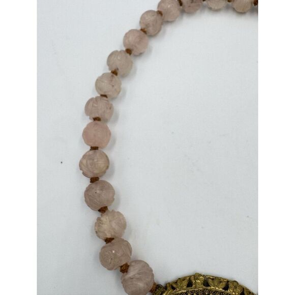 Vintage Antique Carved Rose Quartz Gold Tone Ornate Filigree Collar Necklace 14” - Picture 7 of 14